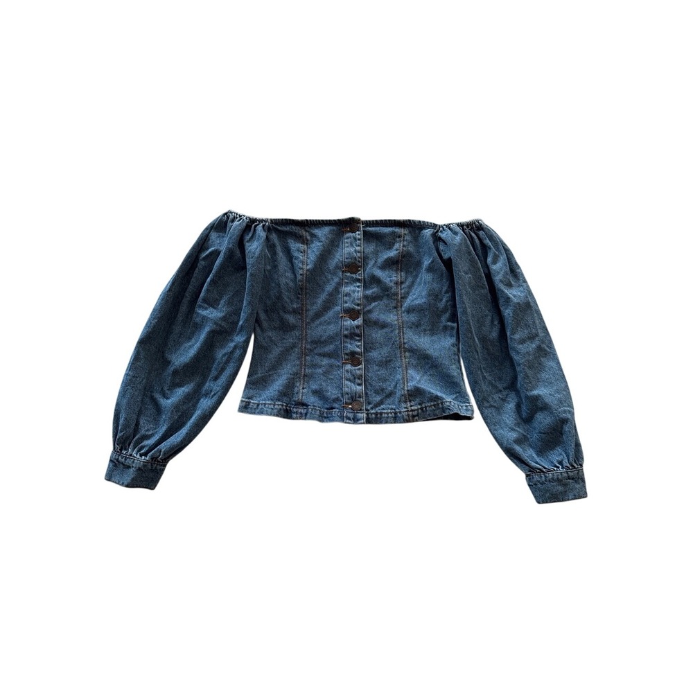 Missguided Denim Off Shoulder Corset Blouse Puff Sleeve Button Front US 6 Y2K